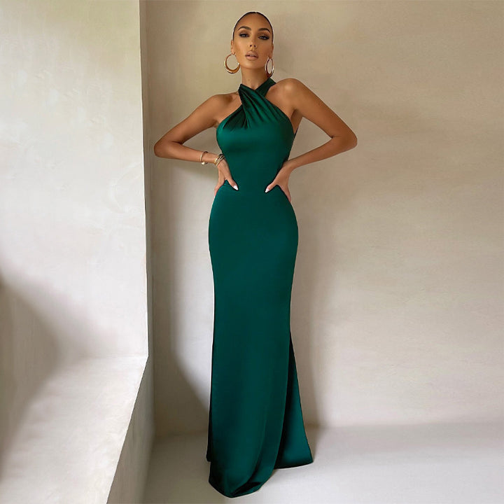 Green Cross Halter Satin Dress