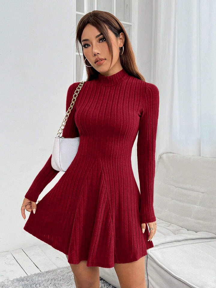 Burgundy High Neck Wide Spaced Rib Dress