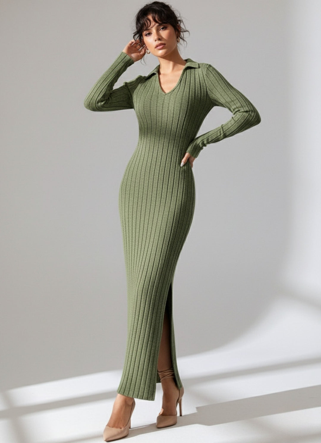 Olive Collared Wide Spaced Rib Dress
