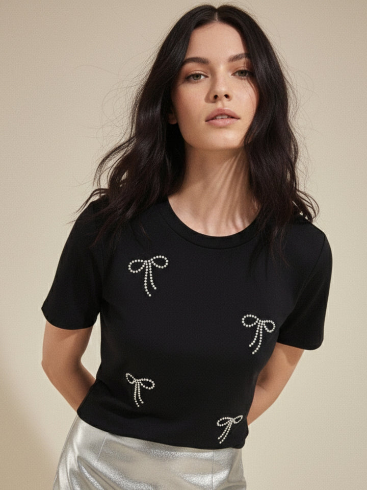 Black Embellished All Over Bows T-Shirt