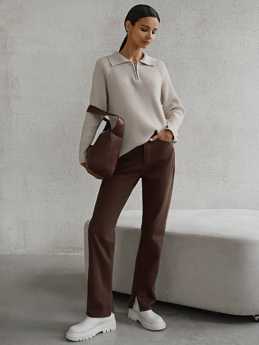 Beige Collared Zip Up Sweater