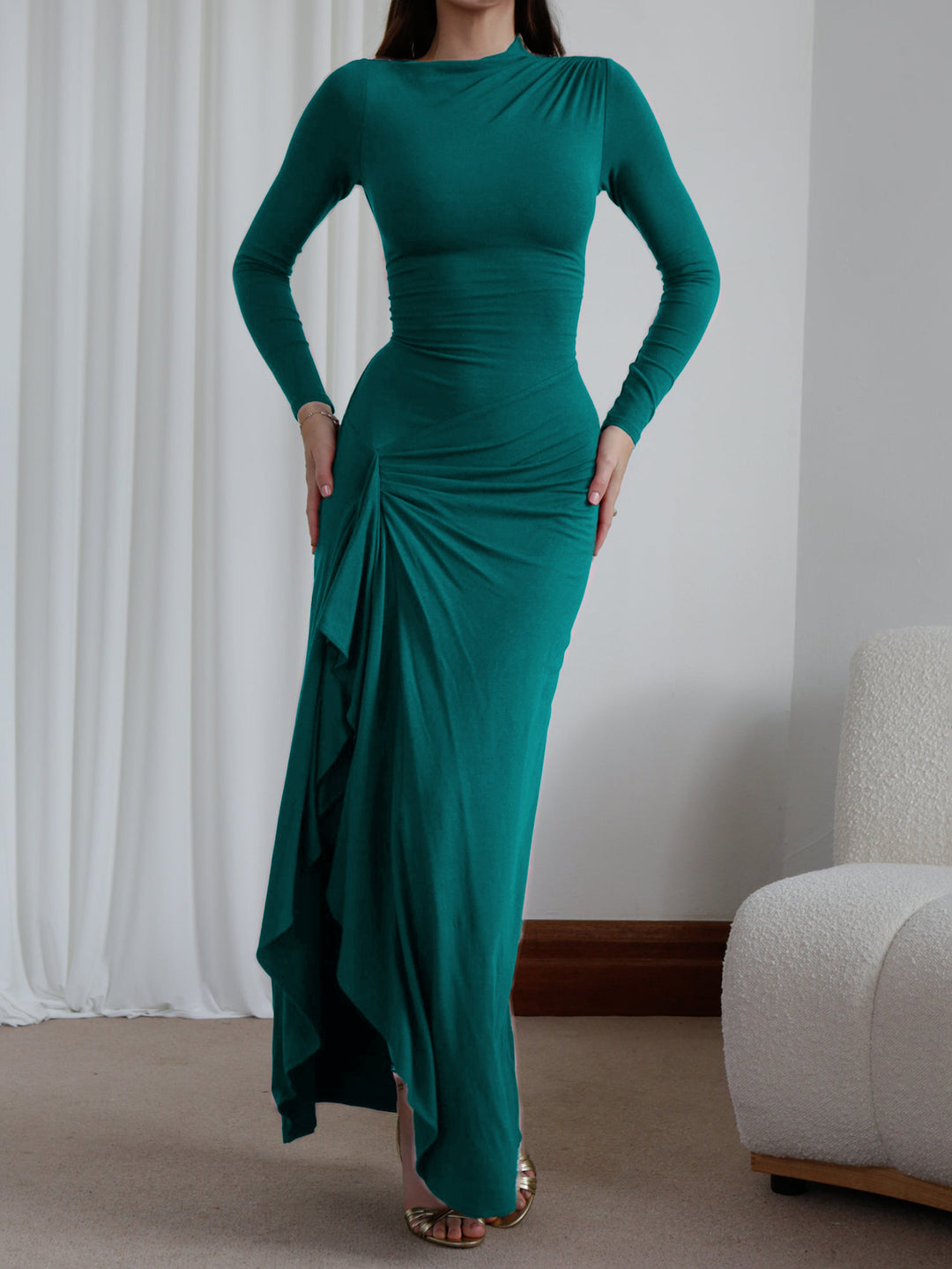 Green High Neck Side Ruched Dress