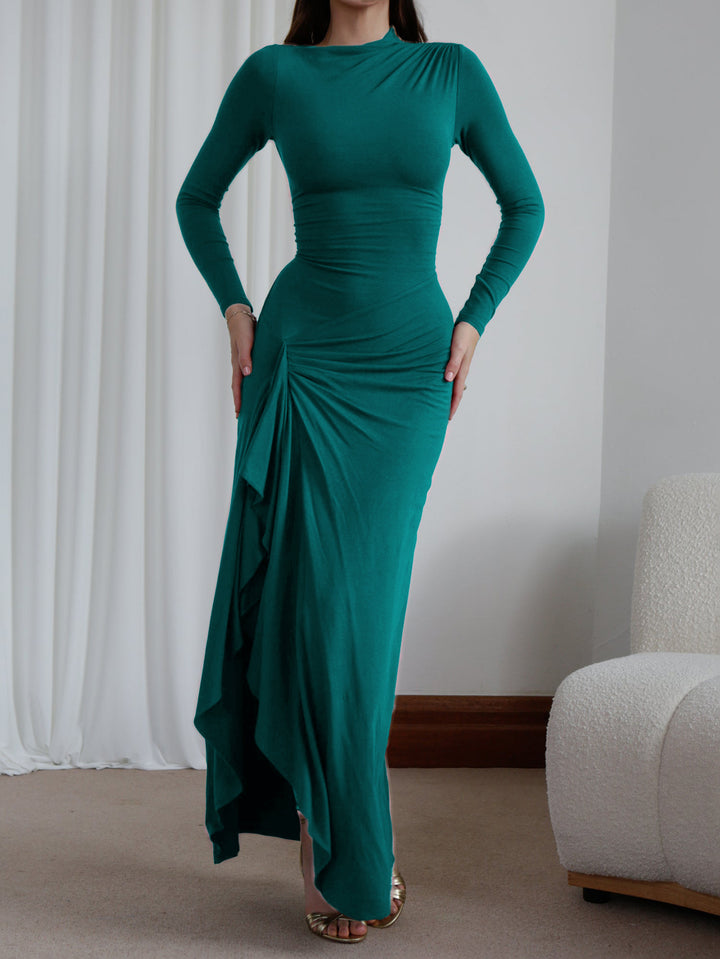 Green High Neck Side Ruched Dress