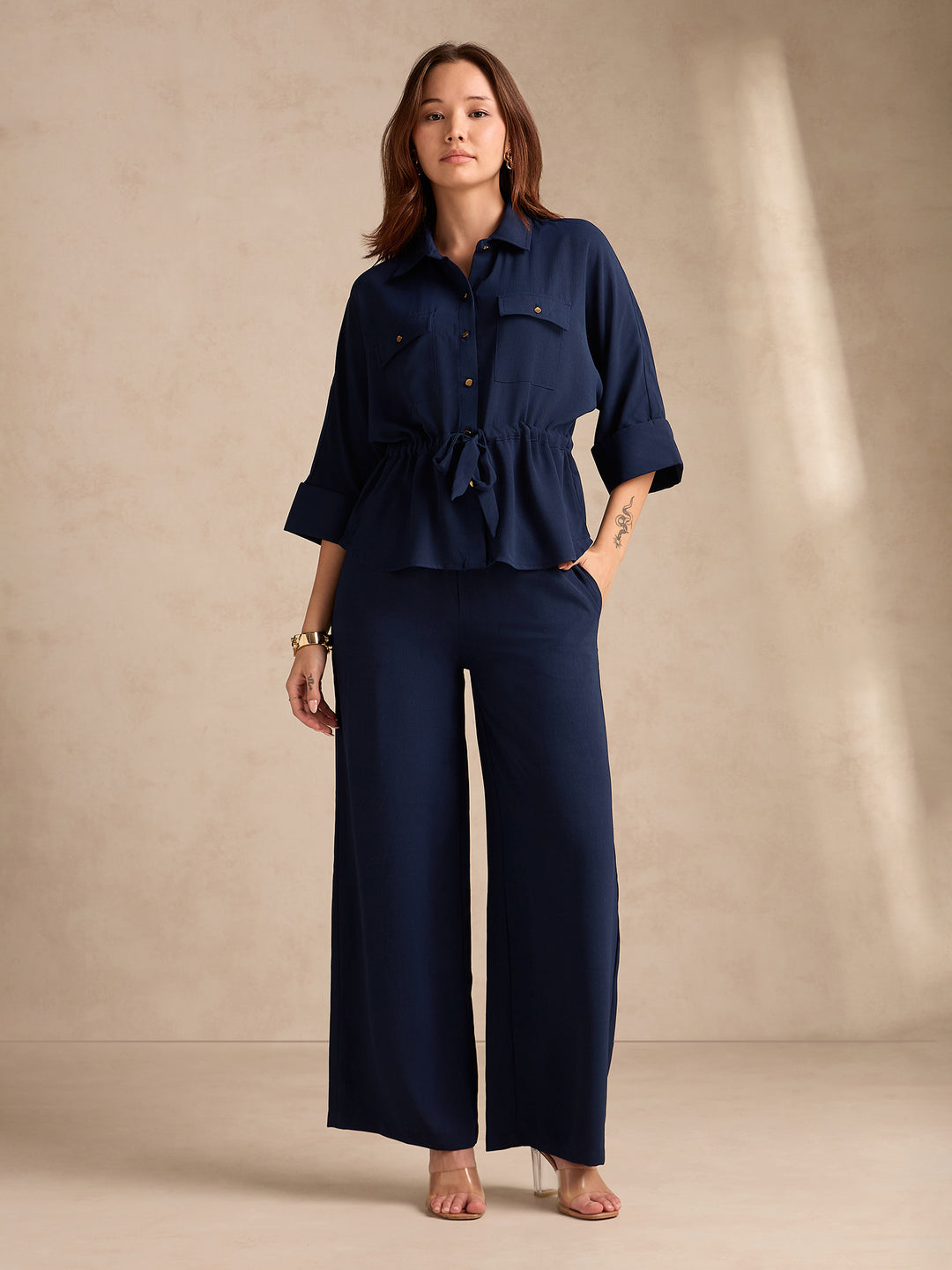 Navy Blue Coord Set With Oversized Utility Shirt With Wide Leg Touser In Elevated Textured Fabric