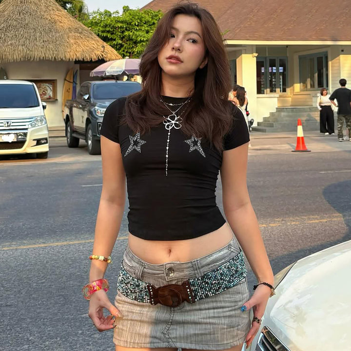 Black Rhinestone Short Sleeve Crop Top