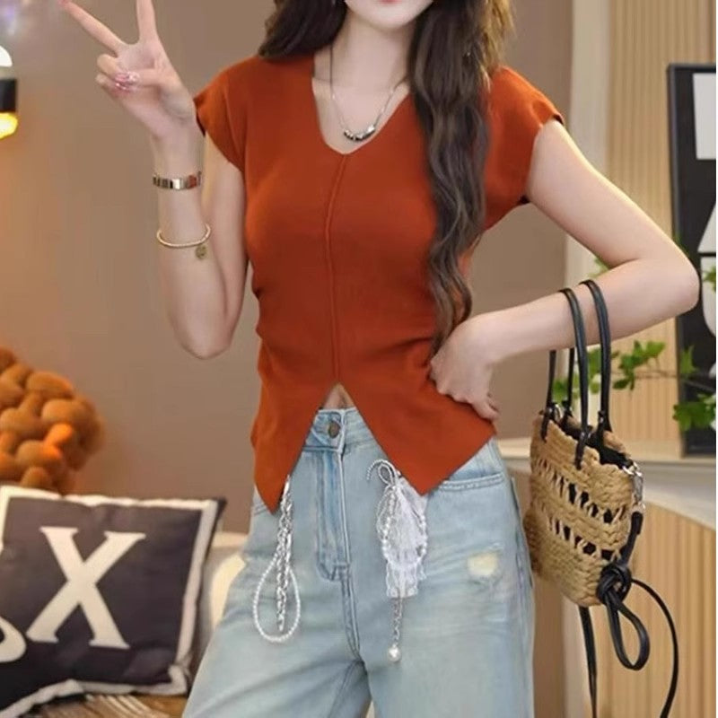 Red V Neck Front Hem Slit Fitted Top