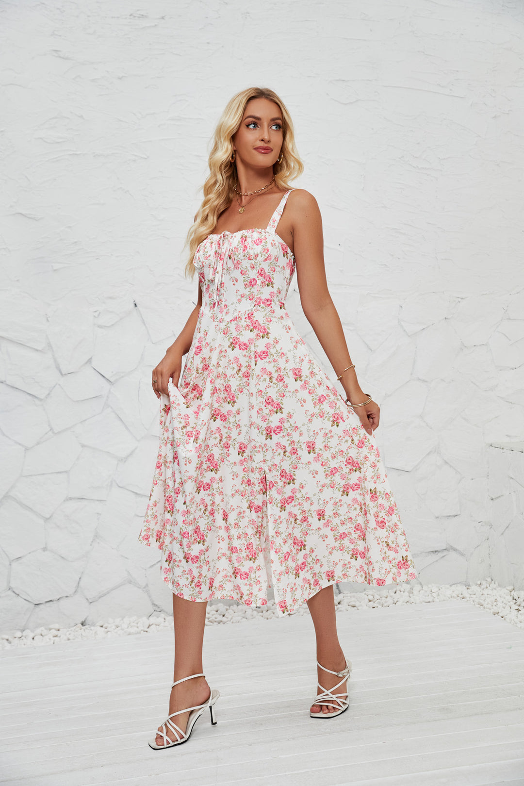 Red Corset Tie Up Printed Dress