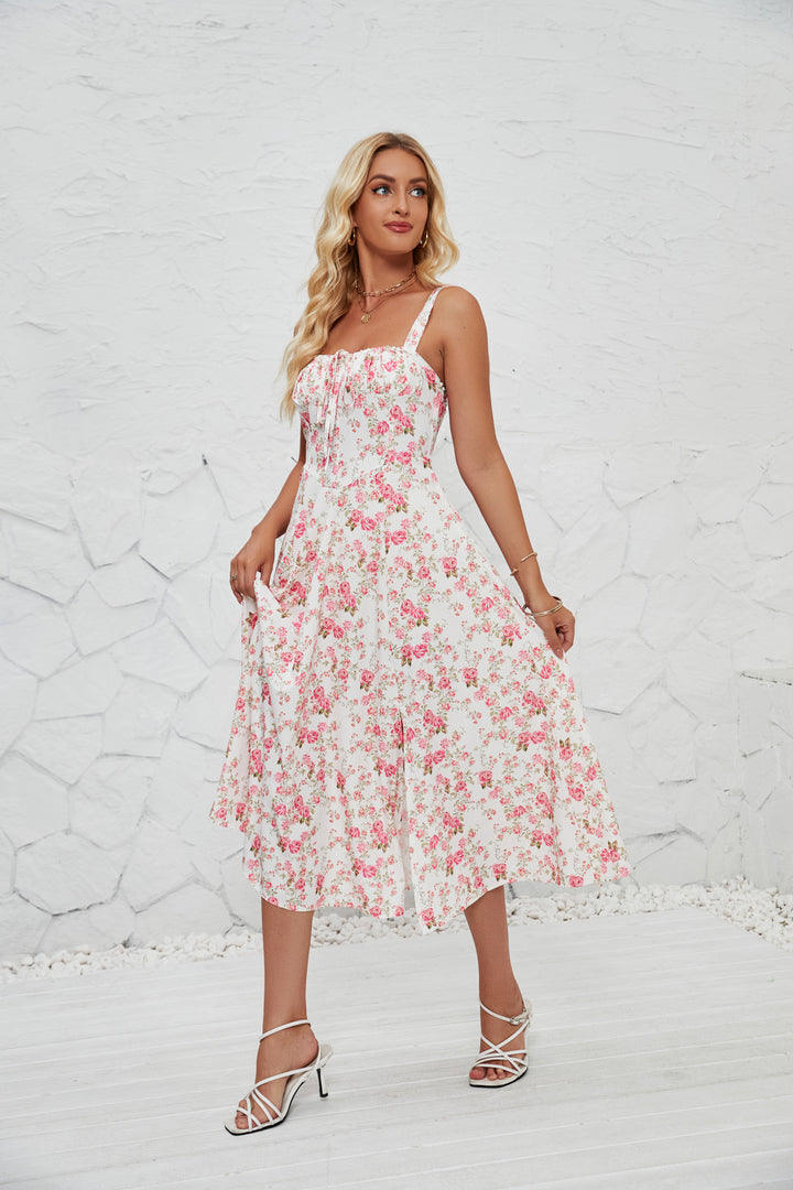 Red Corset Tie Up Printed Dress