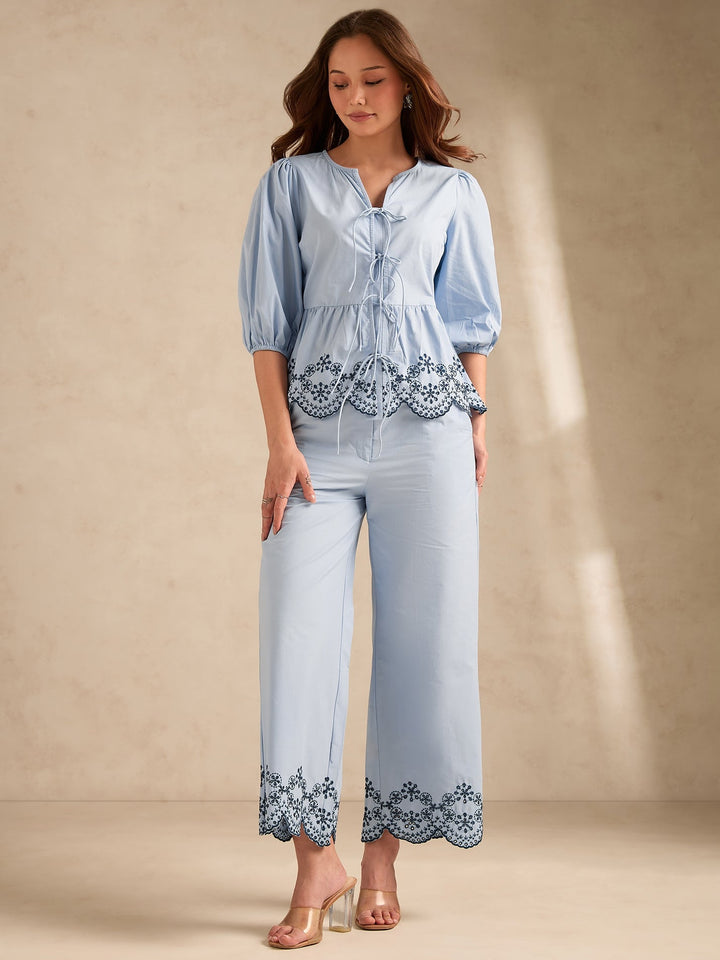 Blue Contrast Schiffli Regular Fit Shirt With Trouser