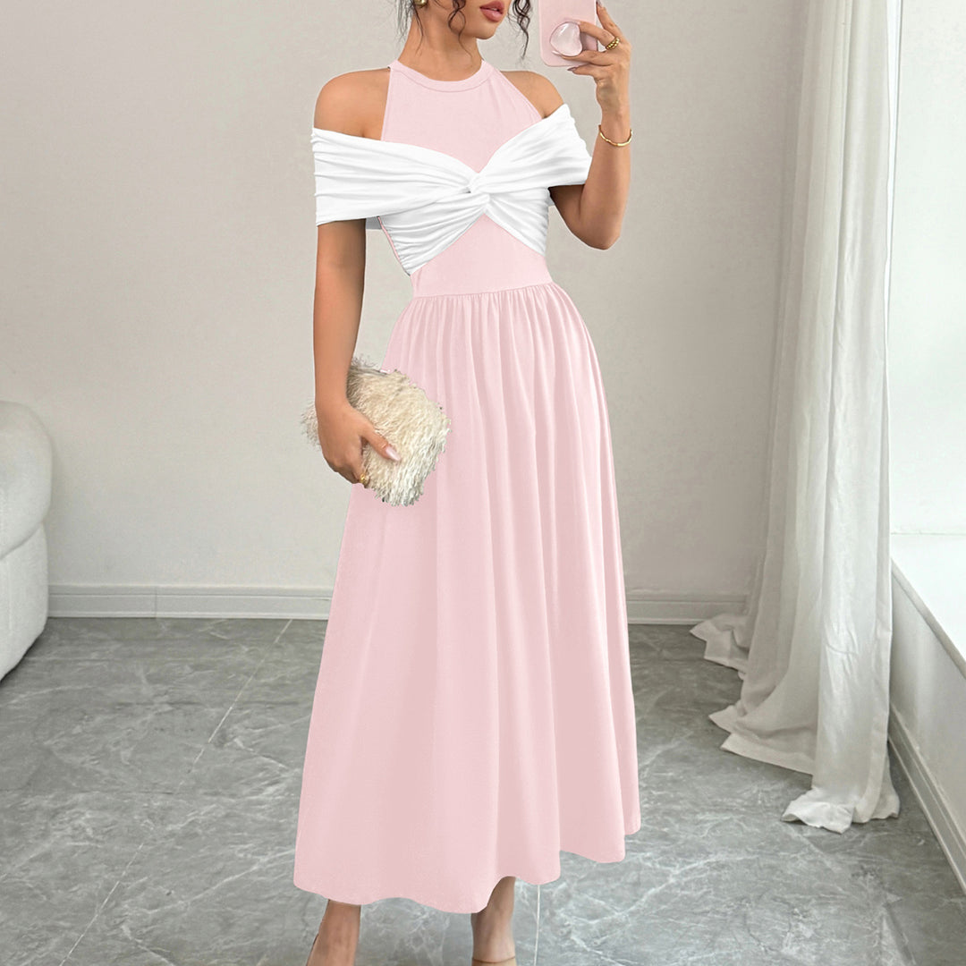 Pink Twisted Contrast Off Shoulder Dress