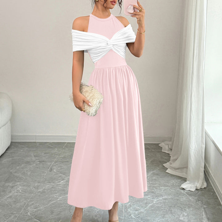 Pink Twisted Contrast Off Shoulder Dress