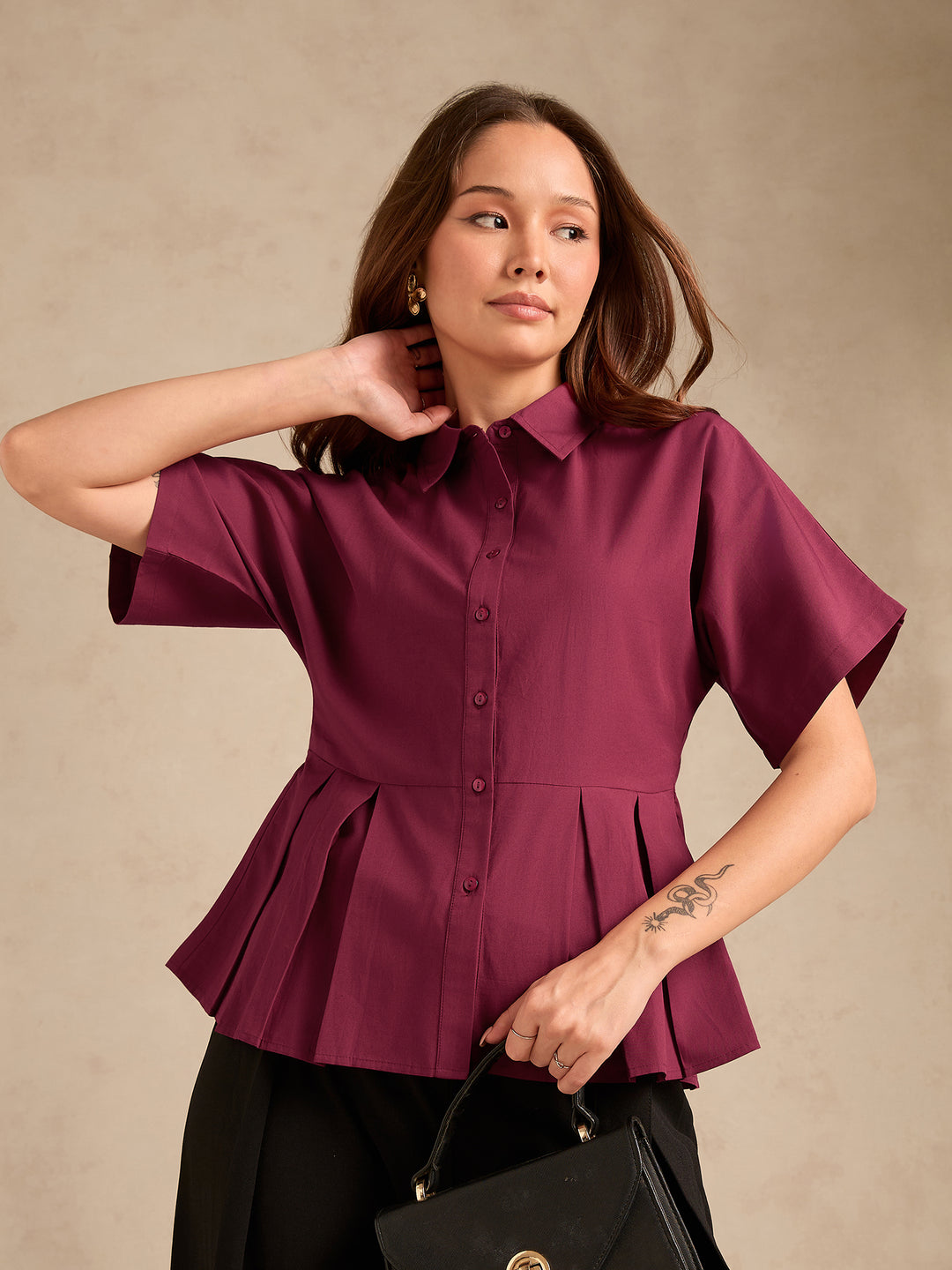 Wine Cinched Waist Utility Blouse