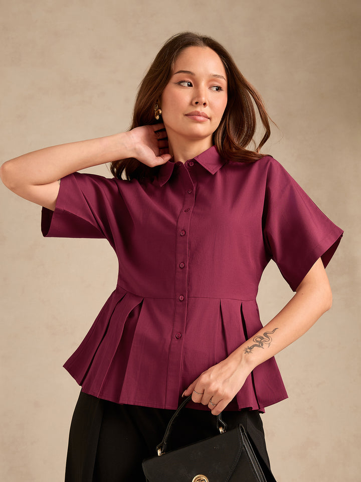 Wine Cinched Waist Utility Blouse