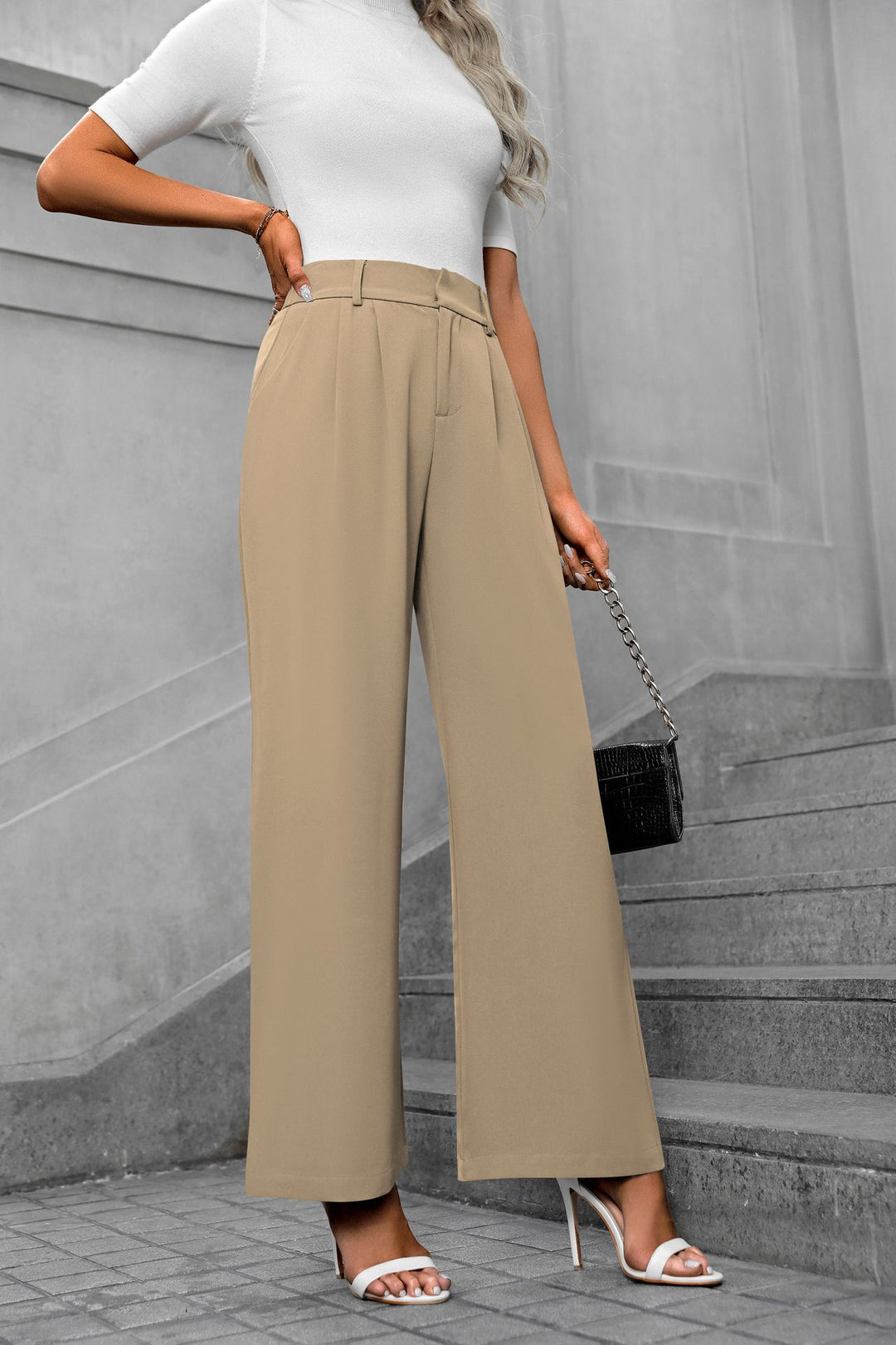 Khaki Waist Band Pleated Straight Fit Pants