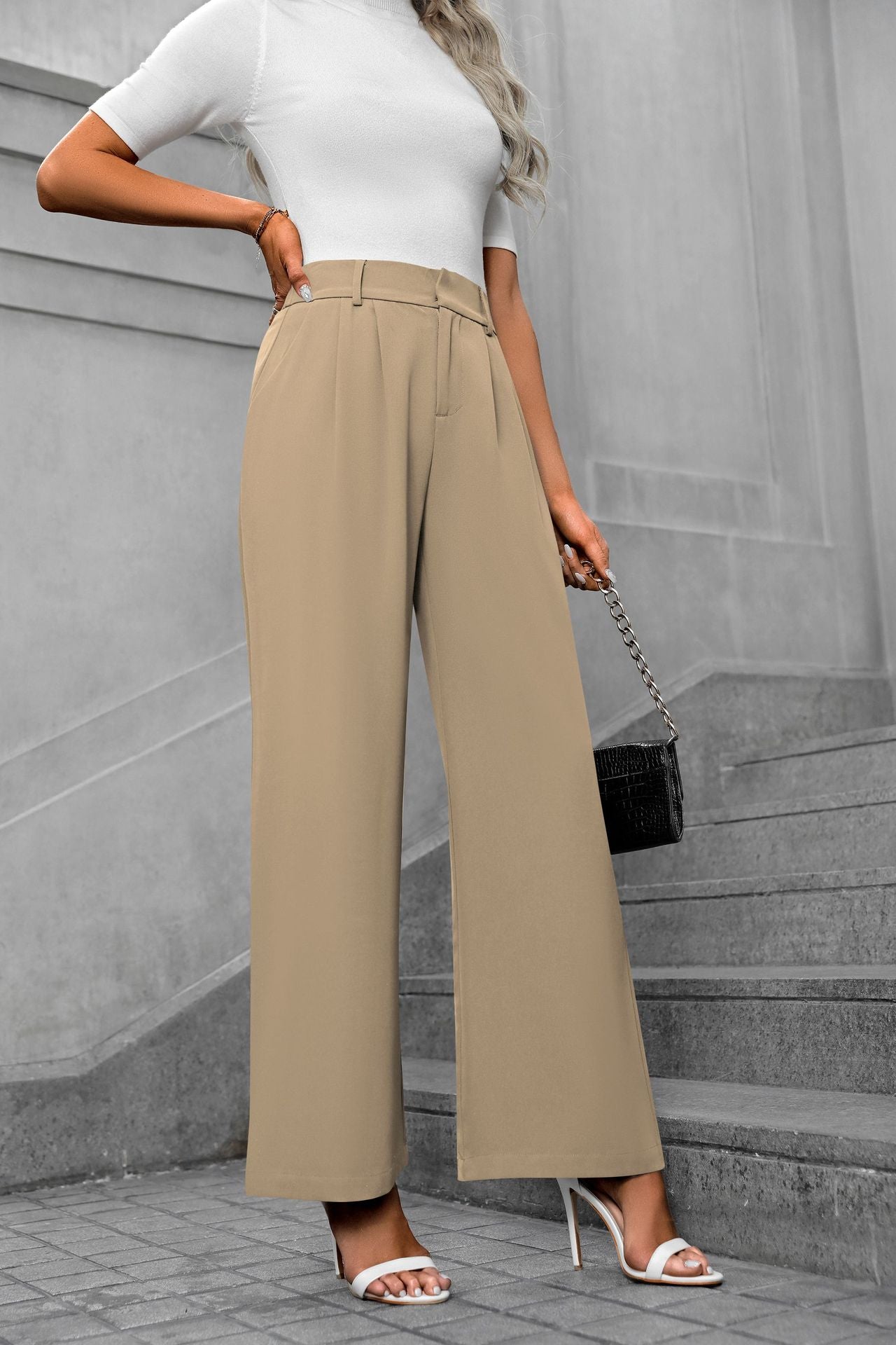 Khaki Waist Band Pleated Straight Fit Pants