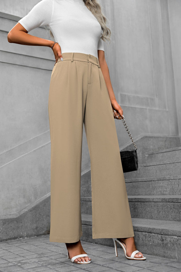 Khaki Waist Band Pleated Straight Fit Pants