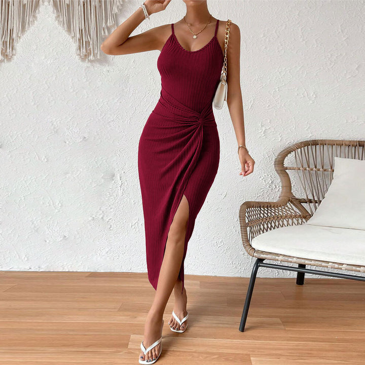 Wine Sleeveless Waist Twisted Dress