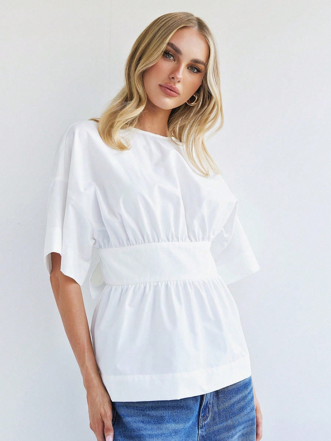 White Short Sleeve Back Bow Top