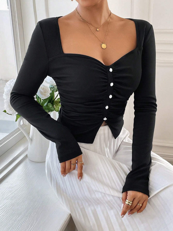 Black Sweetheart Neck Ruched Knit Top