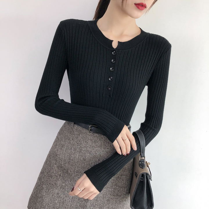 Black Full Sleeve Crew Neck Buttoned Top