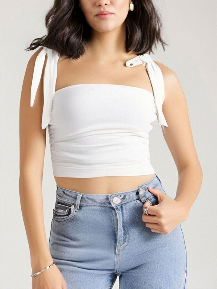 White Shoulder Tie Up Fitted Top