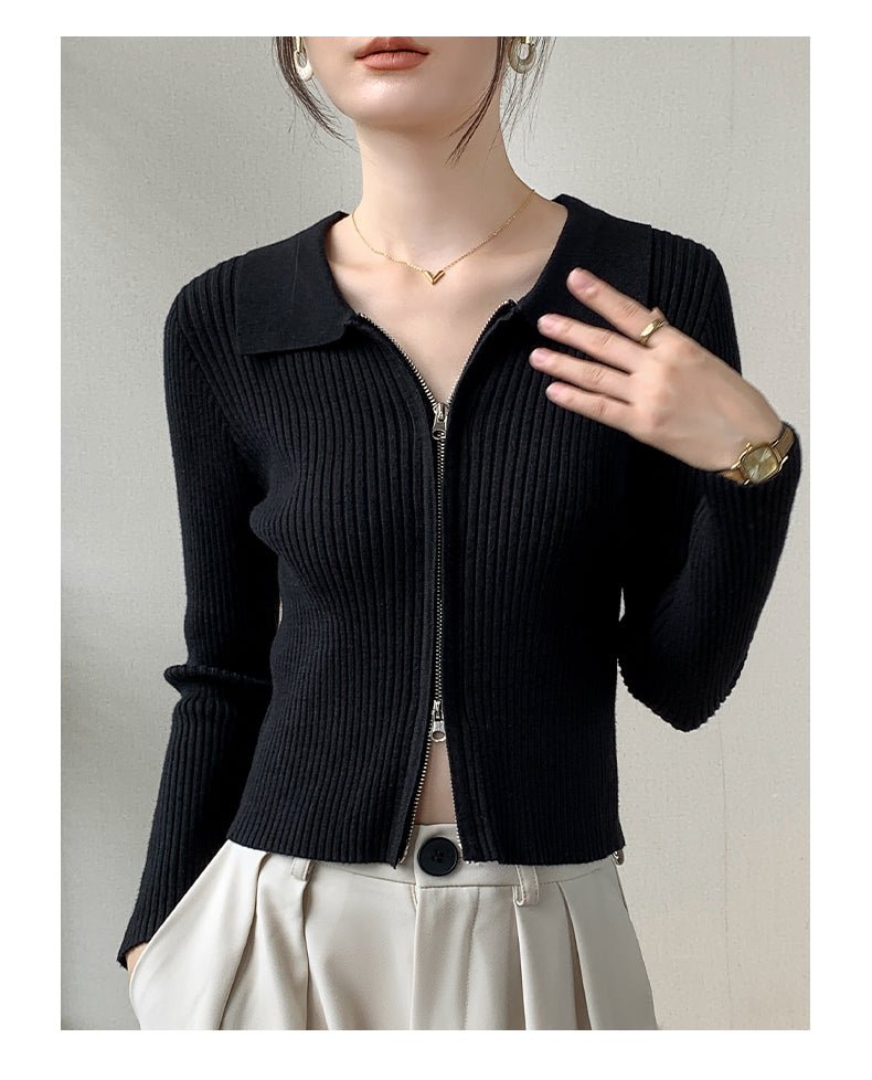 Black Full Sleeve Collared Front Zip Top