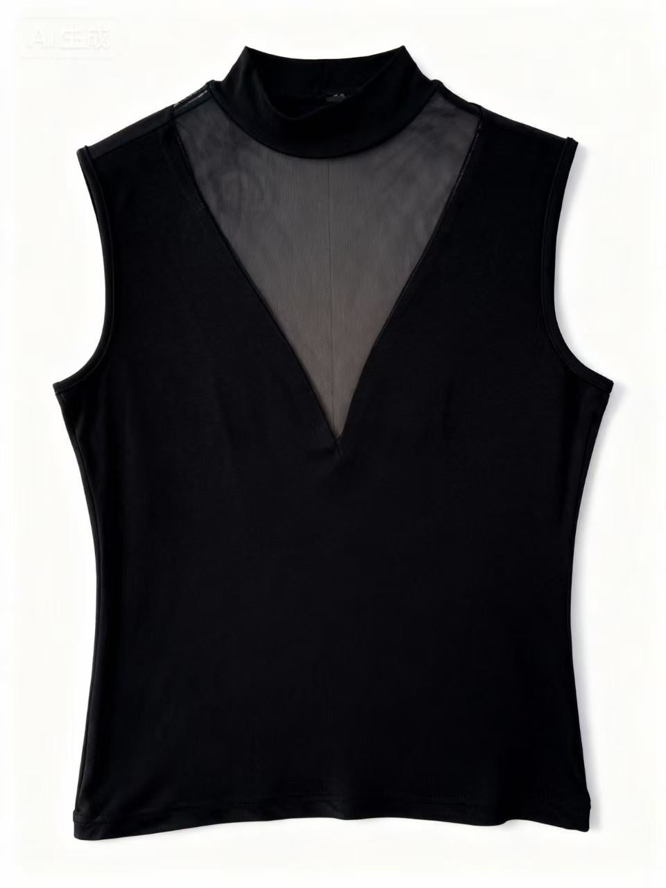 Black Sleeveless Round Neck Mesh Detail Top