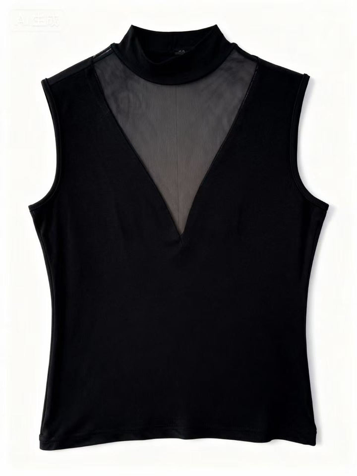 Black Sleeveless Round Neck Mesh Detail Top