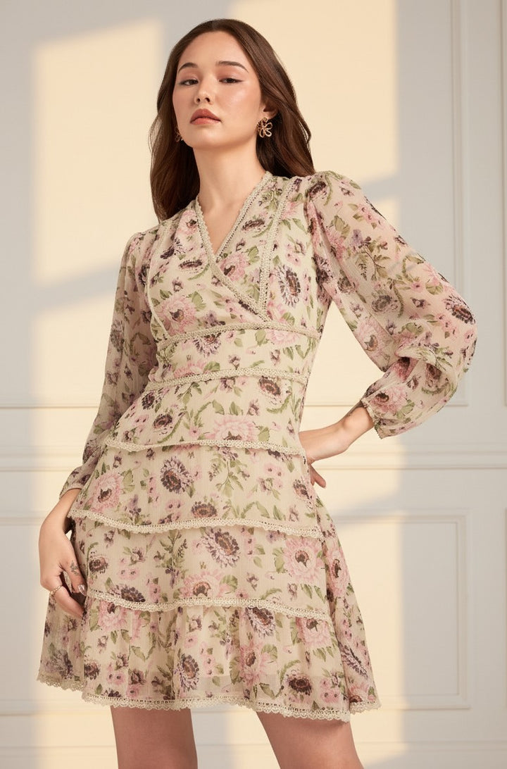 Multi Floral Printed Dress With Lace Detailing