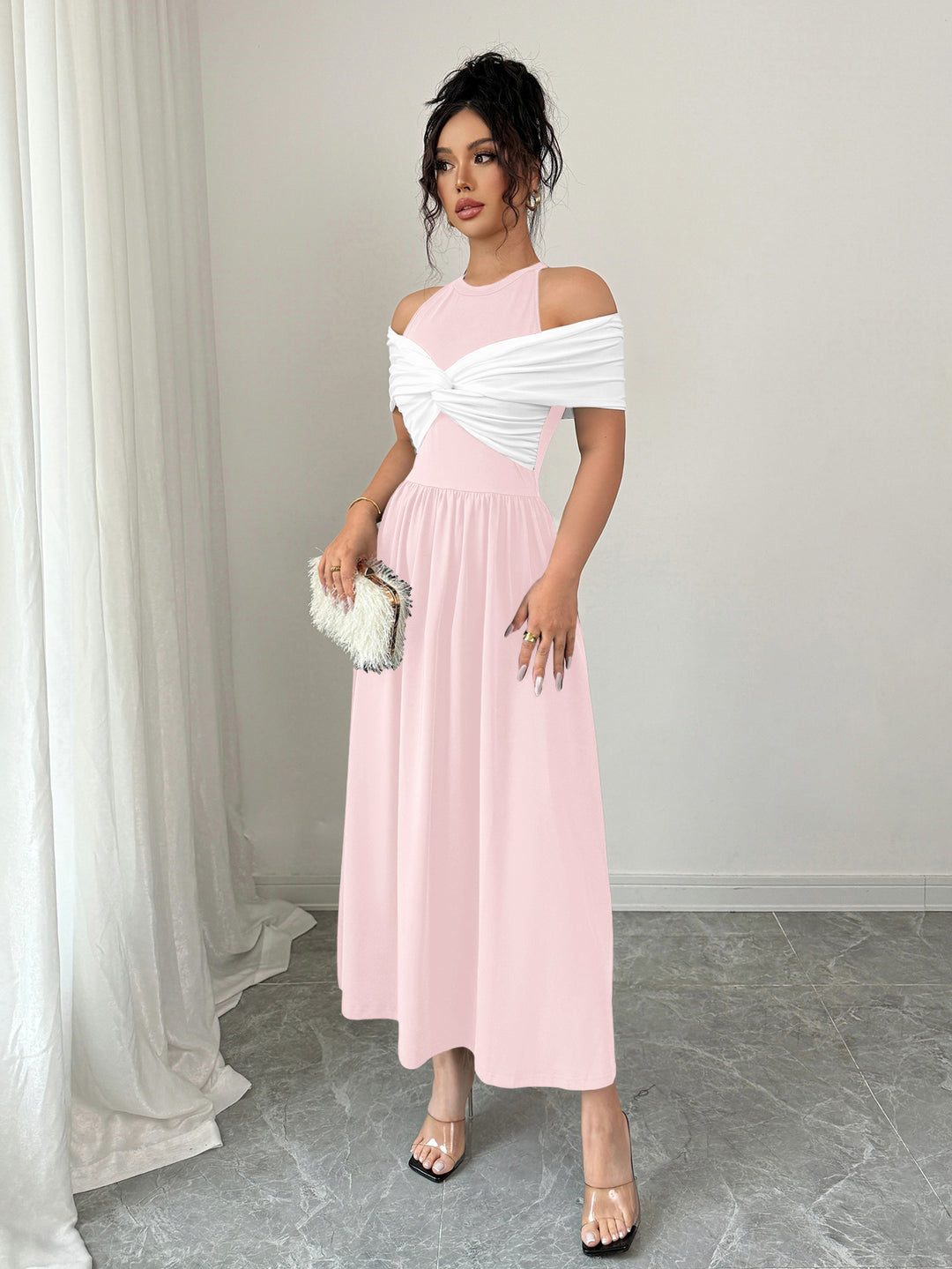 Pink Twisted Contrast Off Shoulder Dress