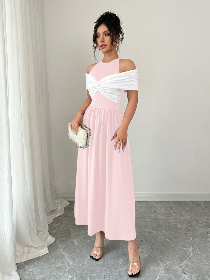 Pink Twisted Contrast Off Shoulder Dress