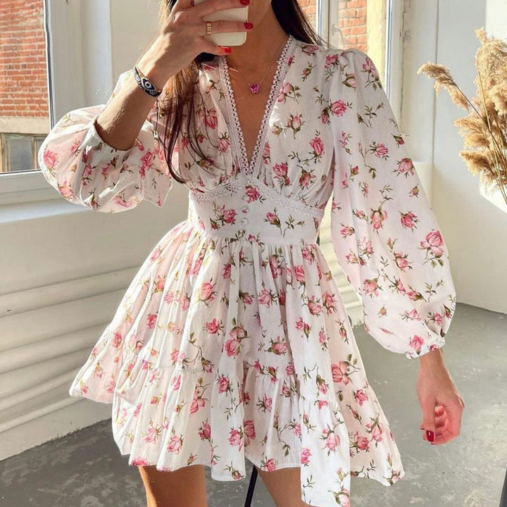 White V Neck Fit And Flare Mini Dress With Volume Sleeves
