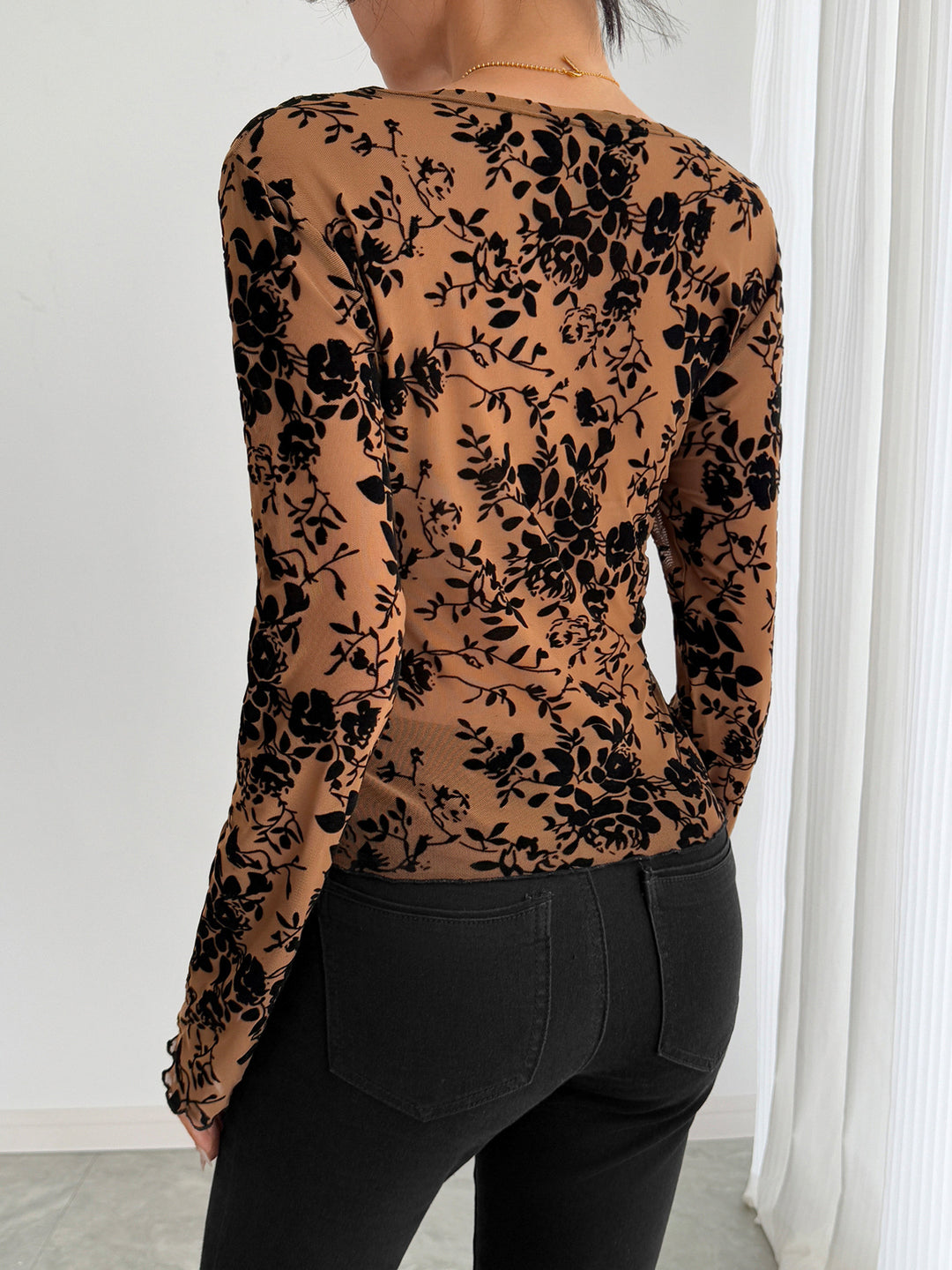 Beige Bell Sleeve Printed Top