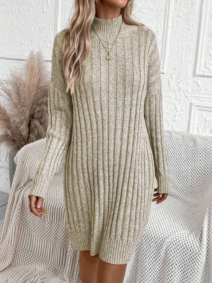 Beige Full Sleeves High Neck Ribbed Dress