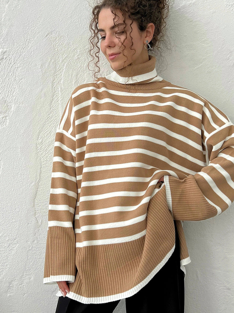 Khaki Turtle Neck Striped Sweater
