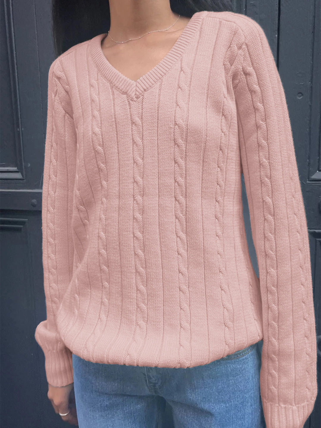 Pink Soft Ribbed V-Neck Sweater With Long Sleeves