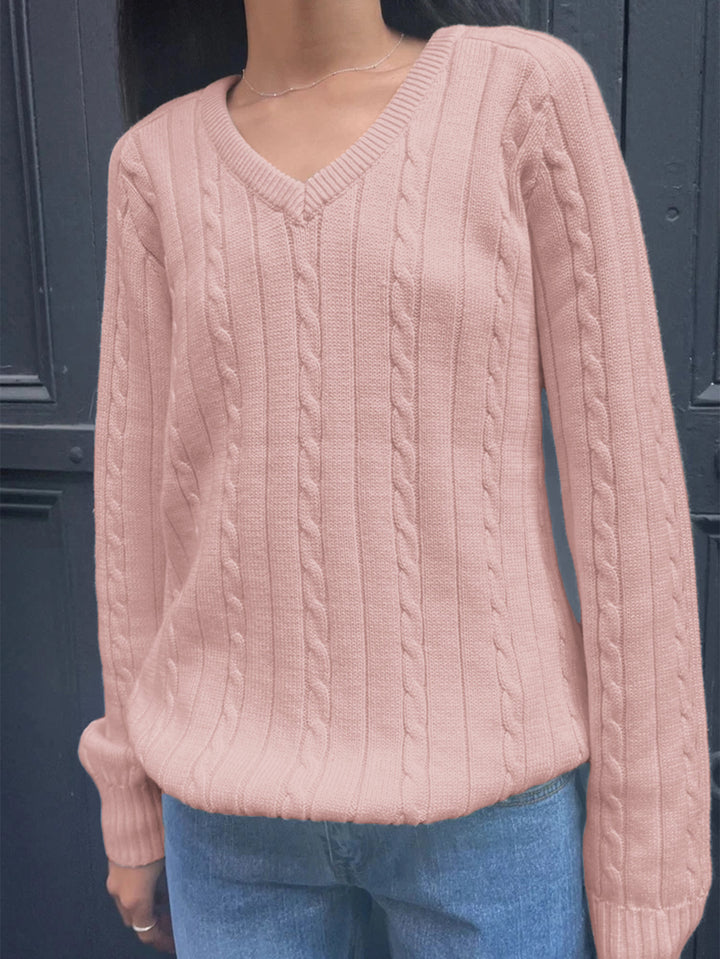 Pink Soft Ribbed V-Neck Sweater With Long Sleeves