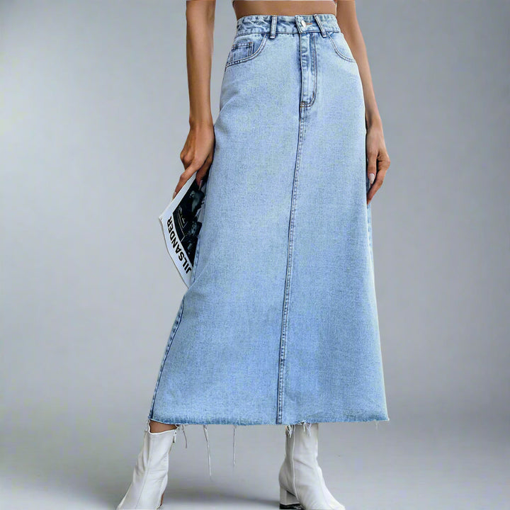 Light Blue Midi Denim Skirt With Freyed Hem