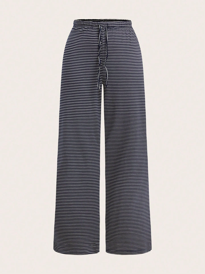 Blue Striped Drawstring Wide Leg Trousers