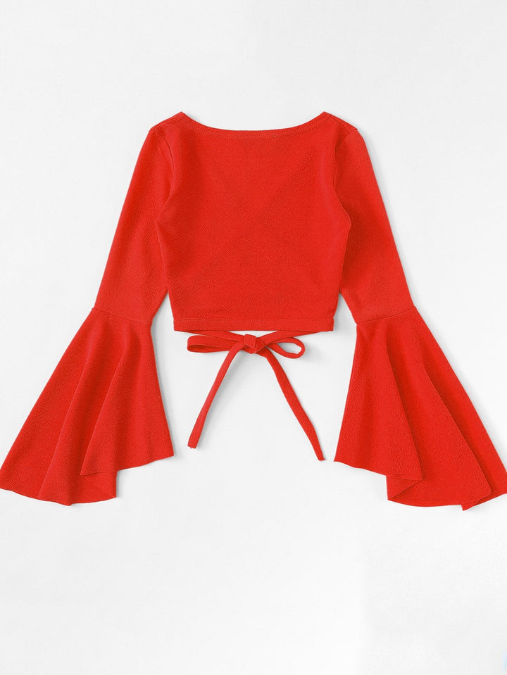 Red Butterfly Sleeve V Neck Wrap Top