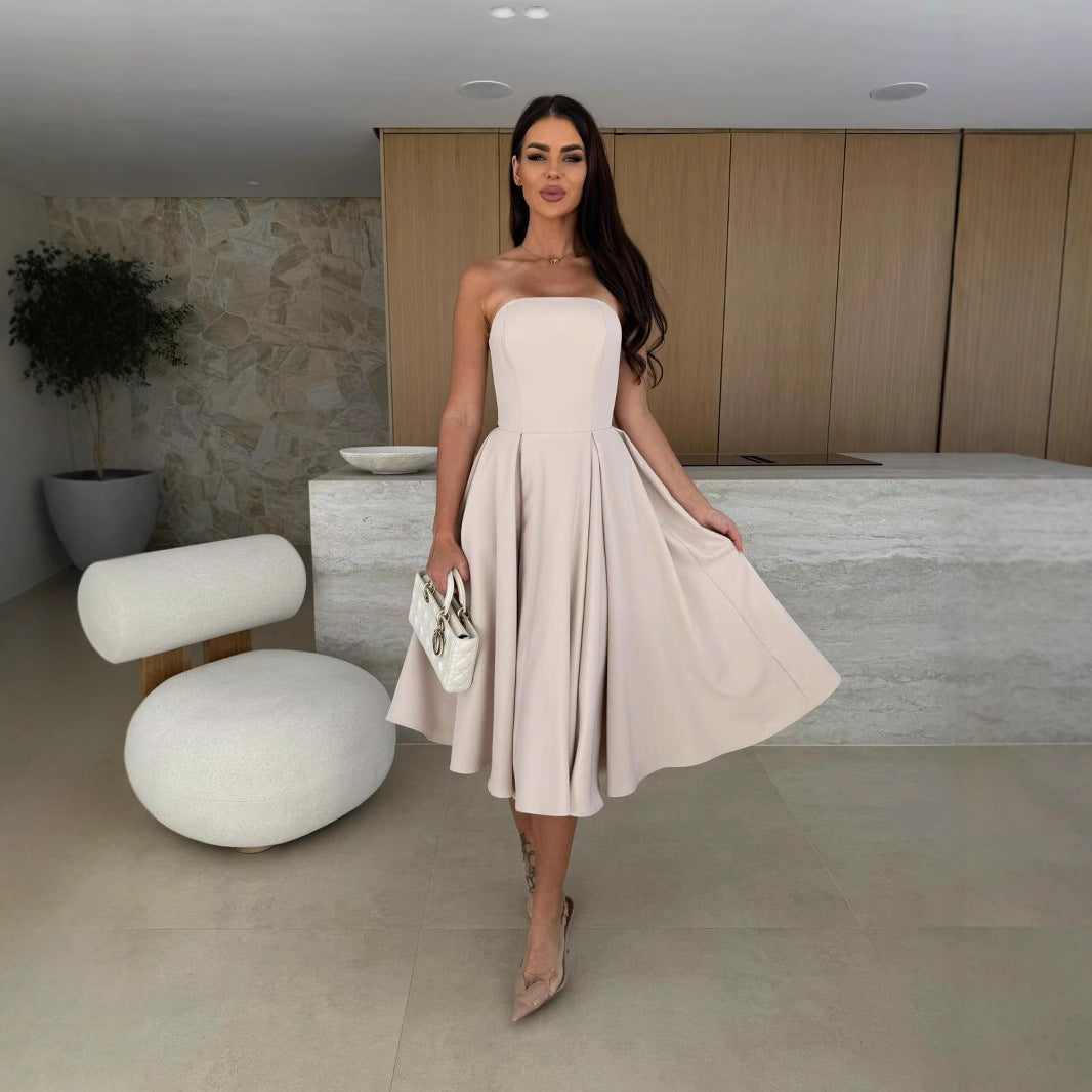 Beige Tube Solid Pleated Dress