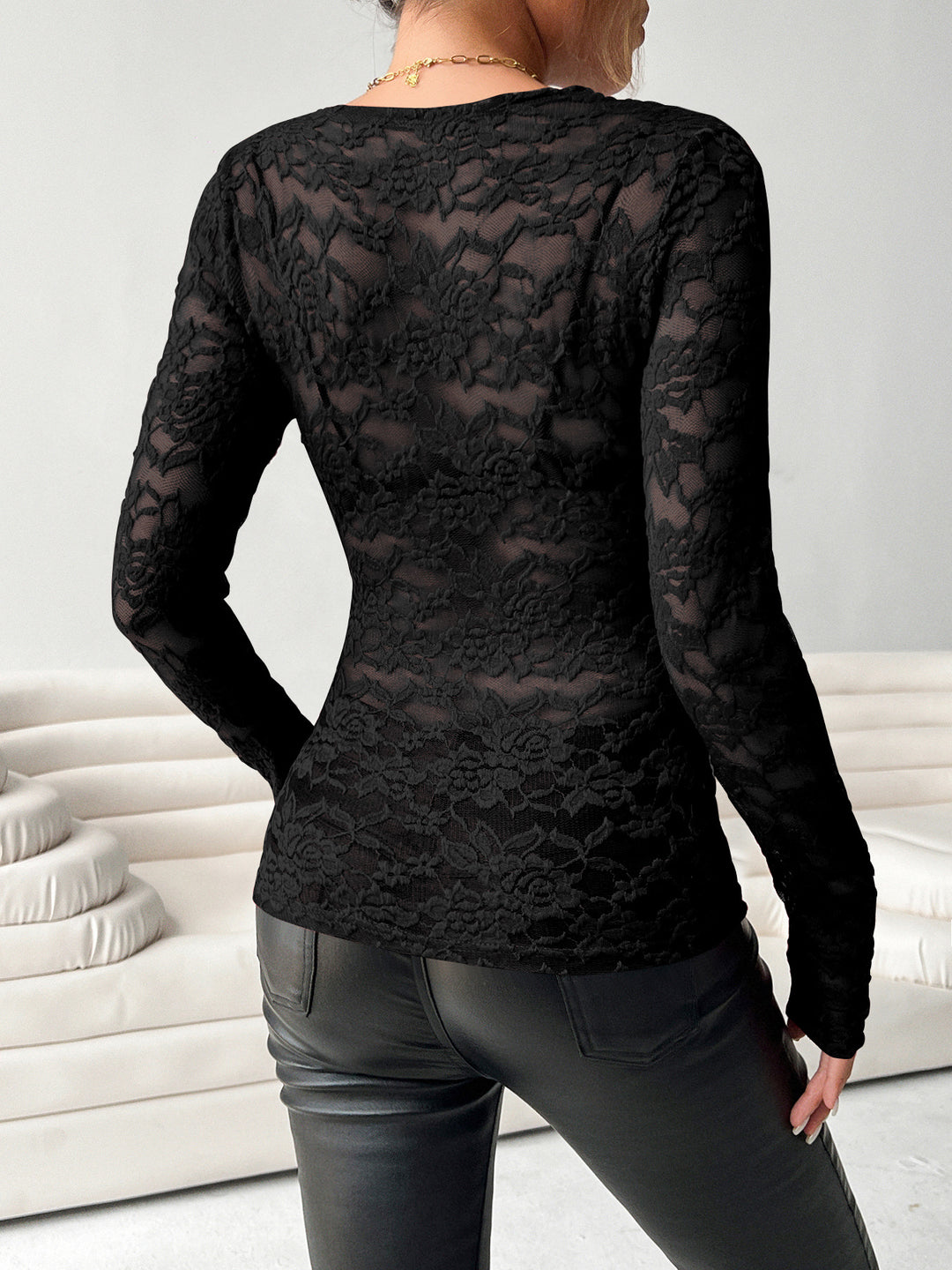 Black Full Sleeve Plunging Neck Mesh Top