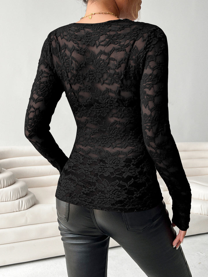 Black Full Sleeve Plunging Neck Mesh Top