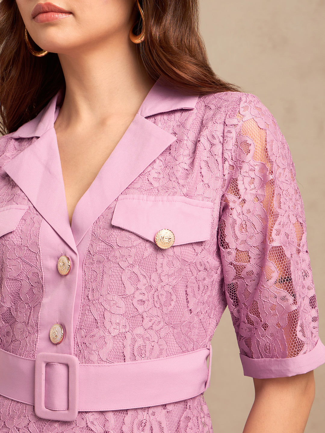 Lilac Lace Shirt Dress With Belt Detail