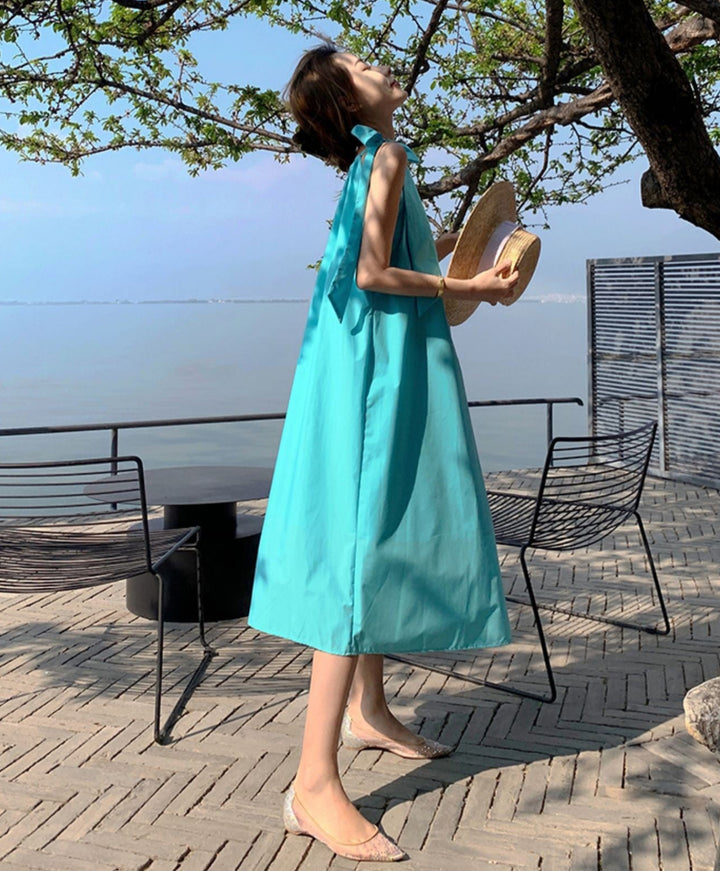 Blue One Shoulder Tie Up Flared Midi Dress