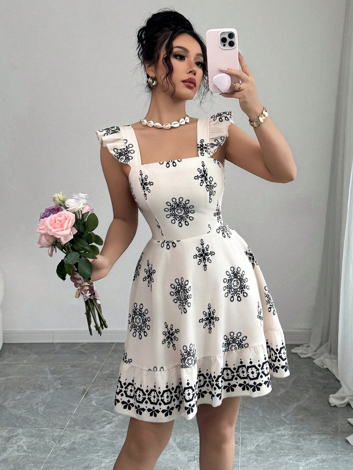 White Printed Ruffle Sleeve Dress