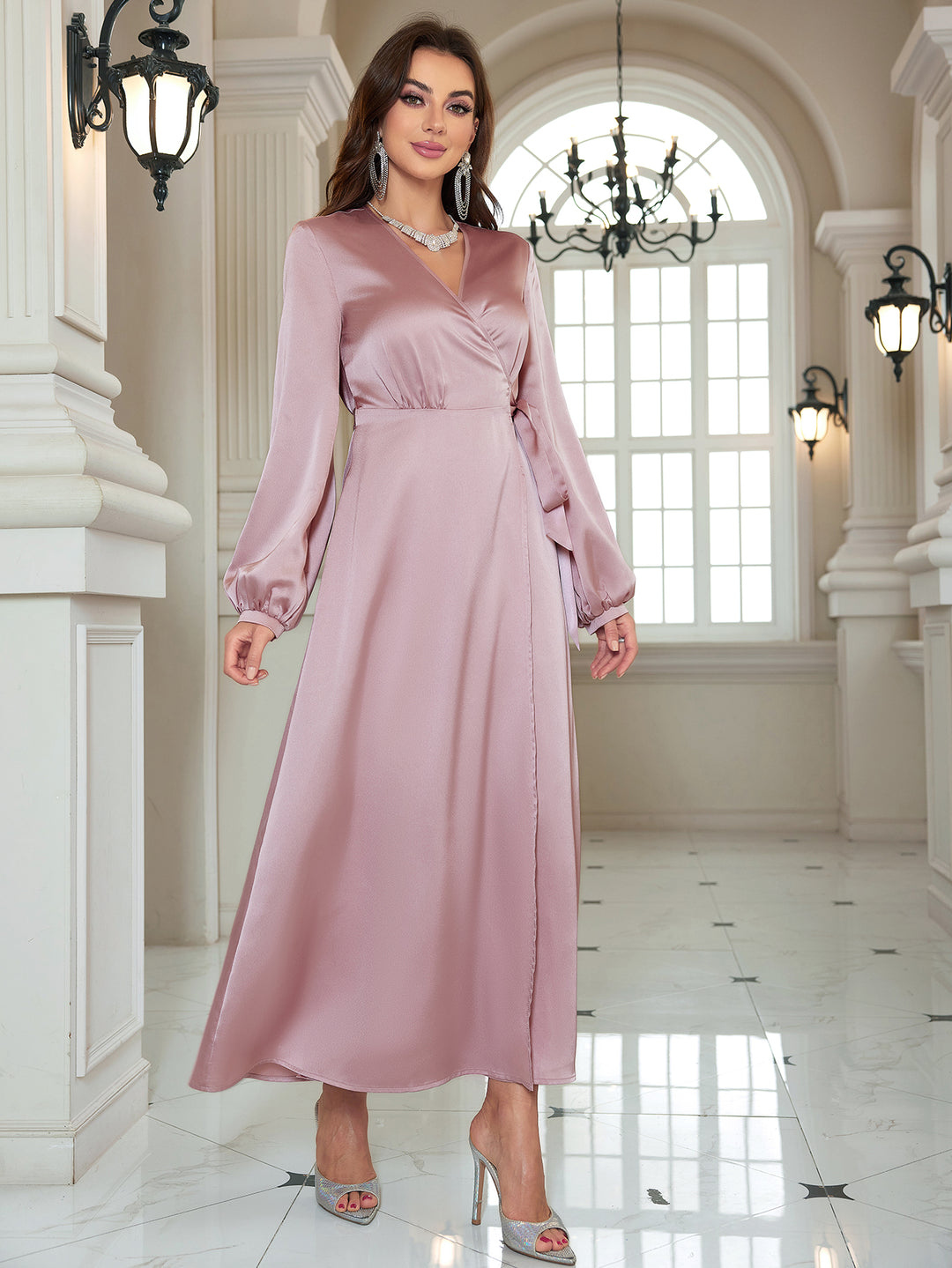 Pink Wrap Neck Evening Dress