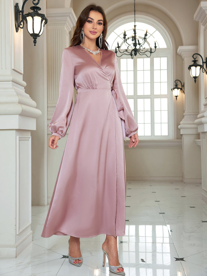 Pink Wrap Neck Evening Dress