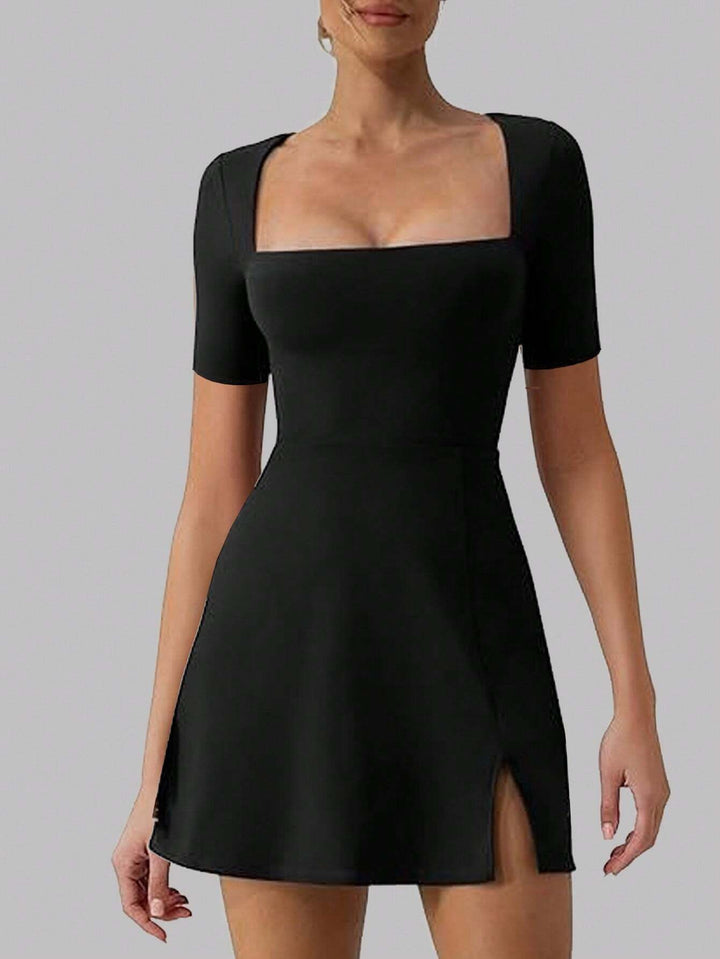 Black Square Neck Slit Dress