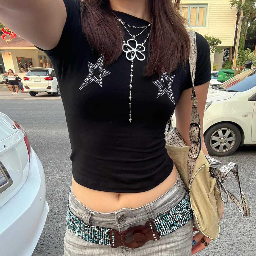 Black Rhinestone Short Sleeve Crop Top